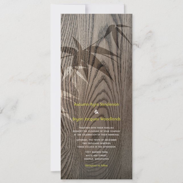 Brown Woodgrain Bamboo Leaves Rustic Asian Wedding Invitation (Front)