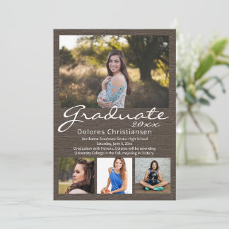Brown Woodgrain Modern 4 Photo Graduation Invitation