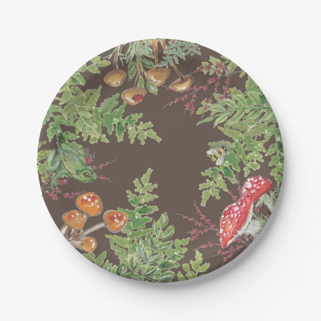 Brown Woodland Frog Bee Mushroom Rustic Picnic Paper Plates (Front)