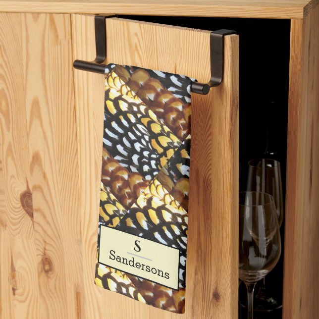 Brown, Yellow, Black Reeve's Pheasant Monogram  Kitchen Towel (Thirds Fold)