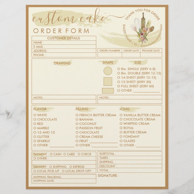 Brown Yellow Cream Bakery Cake Order Form Flyer (Front)