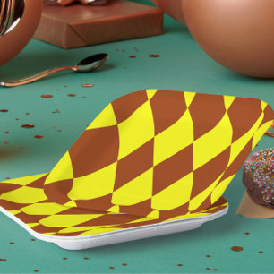 Brown Yellow Harlequin Checkered Design Paper Plates