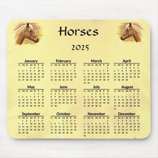 Brown Yellow Horses 2025 Animal Calendar Mousepad