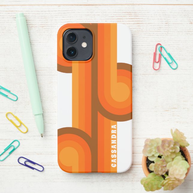 Brown Yellow Orange Midcentury Art Pattern iPhone Case (On Desk)