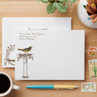 Brown & Yellow Vintage Bird Tree Wedding Envelopes