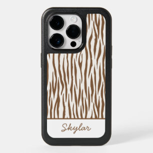 Brown Zebra Animal Print Custom Cursive Name OtterBox iPhone 14 Pro Case