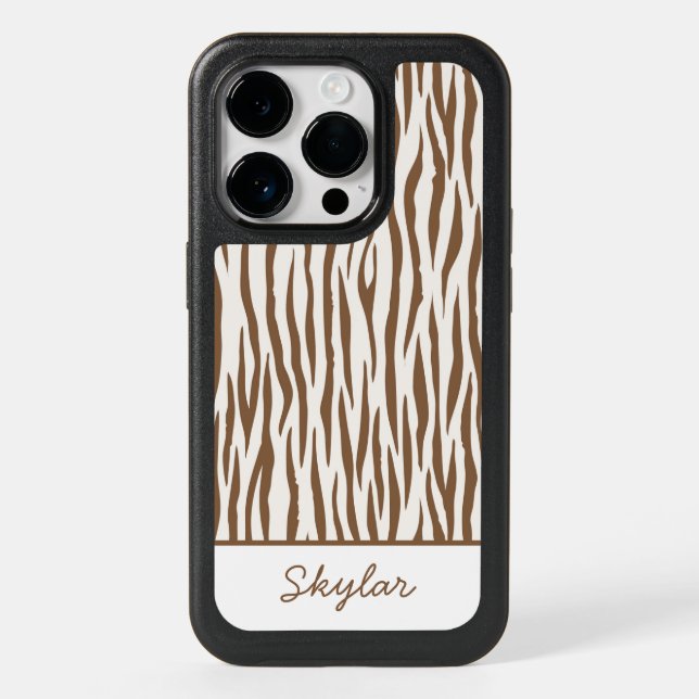 Brown Zebra Animal Print Custom Cursive Name Otterbox iPhone Case (Back)