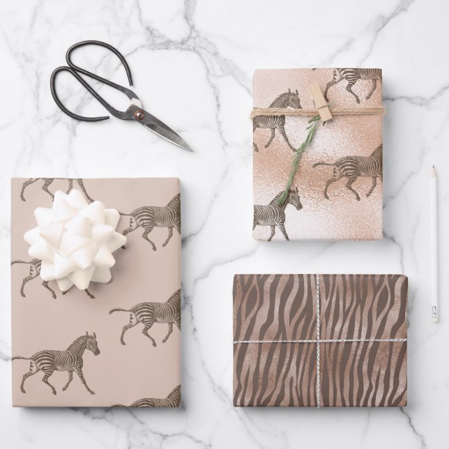 Brown Zebra Blush Peach Ombre Wrapping Paper Sheets (Front)