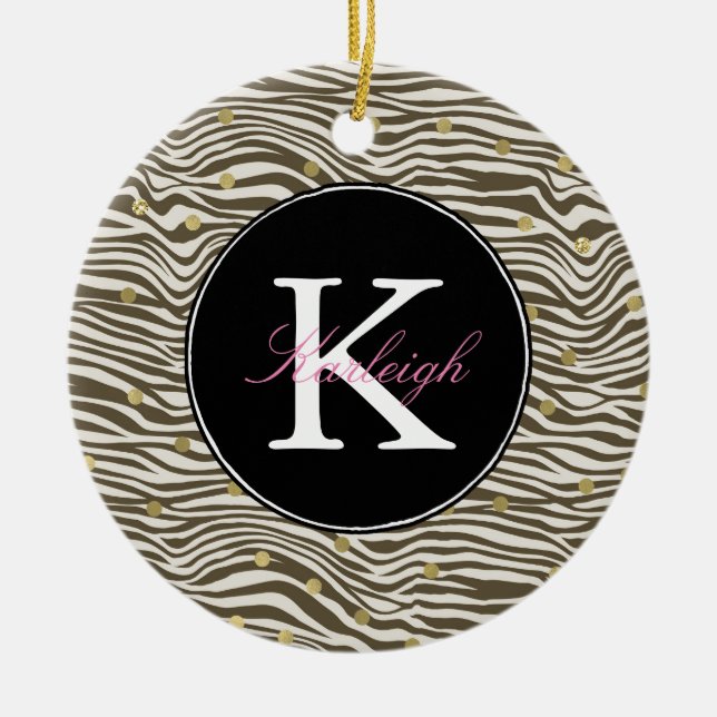 Brown Zebra Print Gold Confetti Monogram Ceramic Ornament (Front)