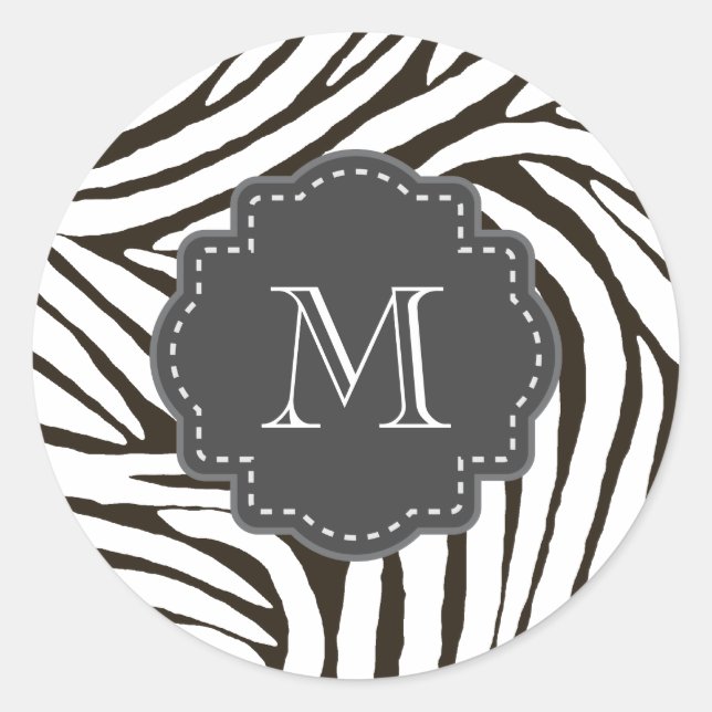 Brown Zebra Print Monogram Classic Round Sticker (Front)