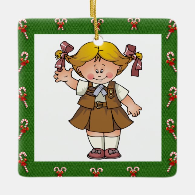 Brownie Blonde Hair Green Frame Candycanes Ceramic Ornament (Front)