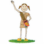 Brownie Girl Scouting | Brunette Cutout<br><div class="desc">Cute,  brunette,  brownie in ponytails wearing a brown uniform and sash,  red cookie box,  standing in grass waving.</div>