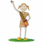 Brownie Girl Scouting | Redhead Cutout<br><div class="desc">Cute,  redhead,  brownie in ponytails wearing a brown uniform and sash,  red cookie box,  standing in grass waving.</div>