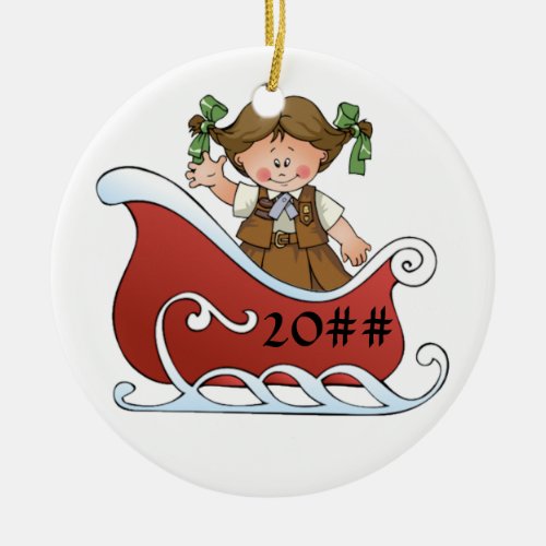 Brownie Scout Sled Brunette Ceramic Ornament
