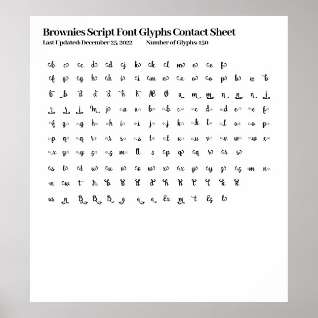 Brownies Script Font Glyphs Contact Sheet Poster (Front)