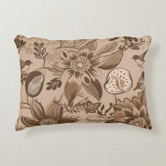 Brownish Floral and Birds Accent Pillow (Front)