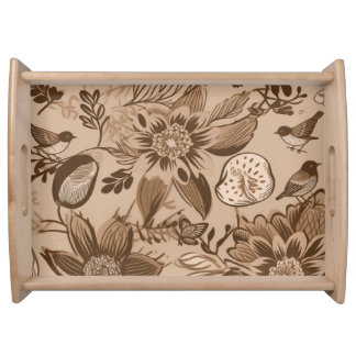 Brownish Floral and Birds Serving Tray