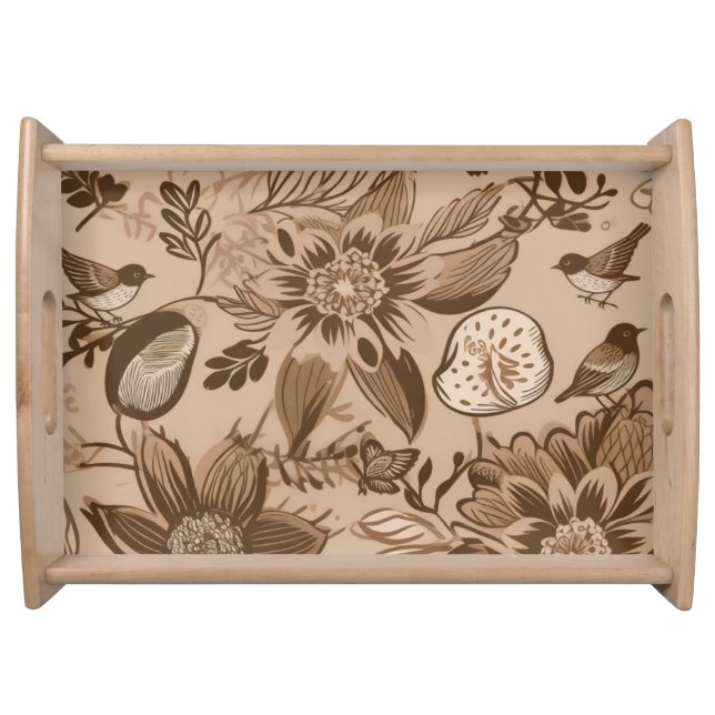 Brownish Floral and Birds Serving Tray (Front)