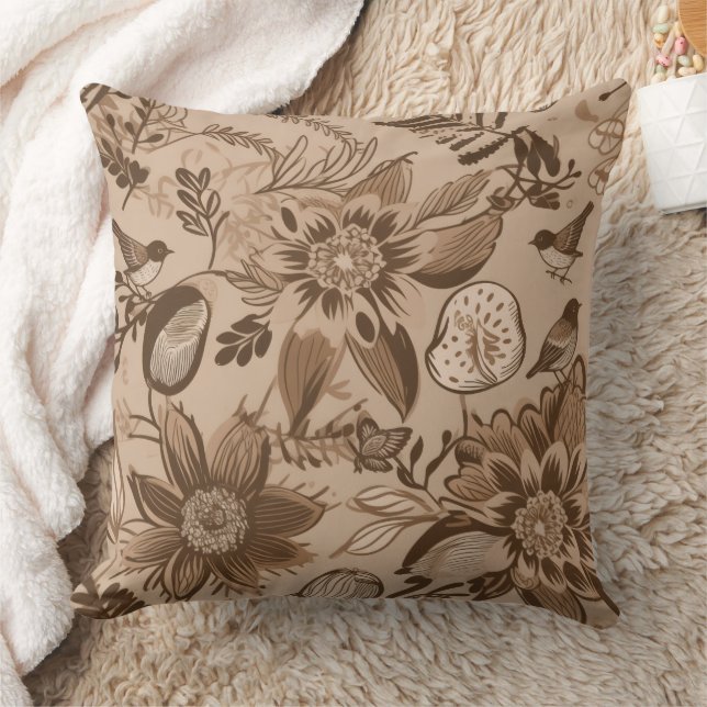 Brownish Floral and Birds Throw Pillow (Blanket)