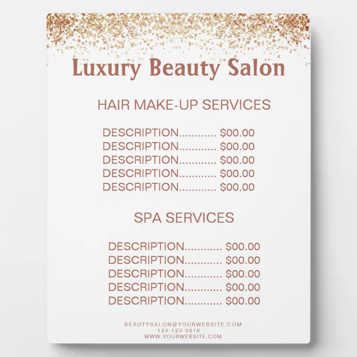 Brownish Glittery Hair Makeup SPA Salon Price Menu Plaque | Zazzle Brownish Glittery Hair Makeup SPA Salon Price Menu Plaque | Zazzle