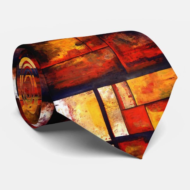 Brownish Red Yellow Modern Art Abstract Neck Tie (Rolled)