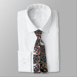 Brownish square mosaic of tile with flower drawing neck tie