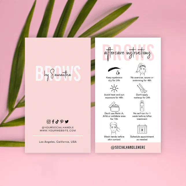 Brows Aftercare Instructions Feminine Pink PMU Business Card | Zazzle