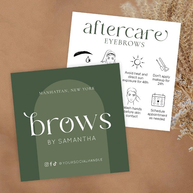 Brows Aftercare Modern Boho Sage Green Care Cards (Brows aftercare instructions cards in sage green and white with care icons, & modern fonts)