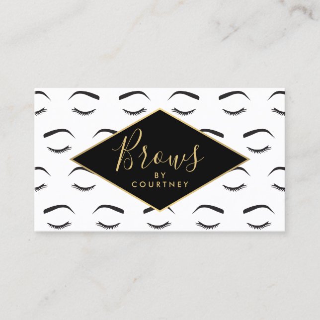 Brows and Lashes Pattern White/Black/Gold Business Card (Front)