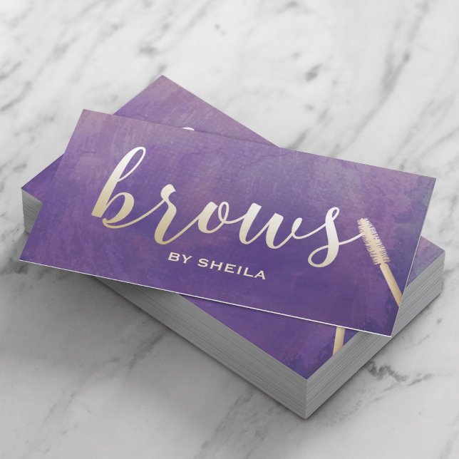 Brows Makeup Artist Gold Script Elegant Purple Business Card (Creator Uploaded)