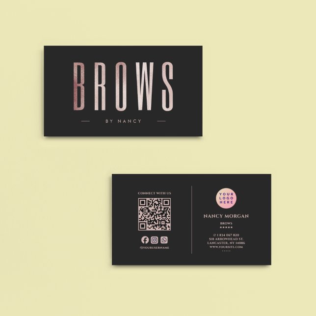 Brows QR Code & Logo Rose Gold Glitter Business Card (Creator Uploaded)