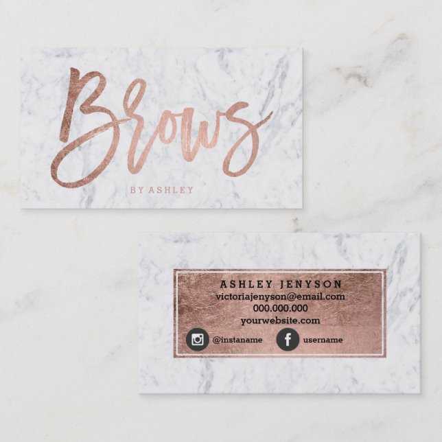 Brows rose gold typography white marble business card (Front/Back)