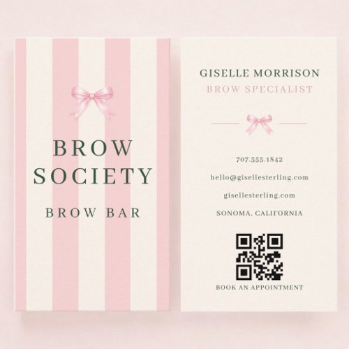 Brows Specialist Pink Green Striped Bow QR Code Business Card