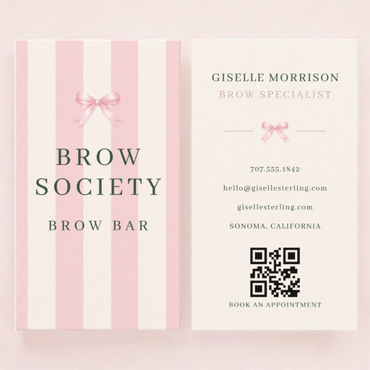 Brows Specialist Pink Green Striped Bow QR Code Business Card