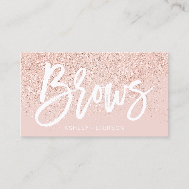 Brows  typography rose gold glitter blush pink business card (Front)