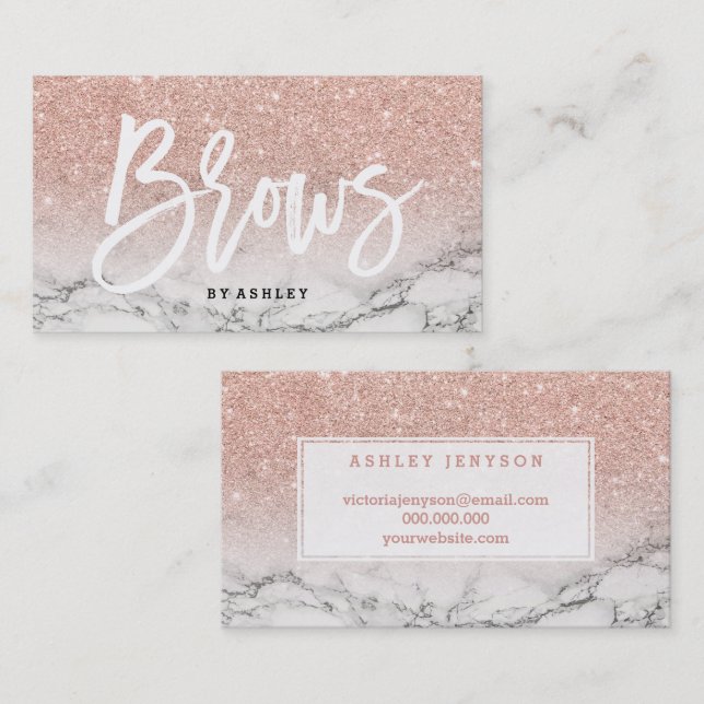Brows typography rose gold glitter marble business card (Front/Back)