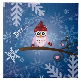 Brrr...Pink Owl, Snowflake Design, Ceramic Tile