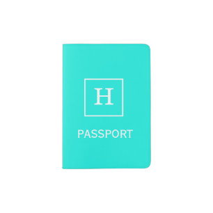 Brt Aqua Turquoise White Framed Initial Monogram Passport Holder