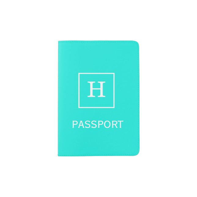 Brt Aqua Turquoise White Framed Initial Monogram Passport Holder (Front)