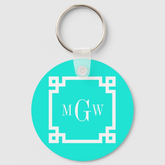 Brt Aqua Wht Greek Key #2 Framed 3 Init Monogram Keychain (Front)
