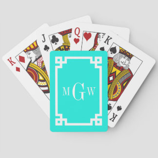 Brt Aqua Wht Greek Key #2 Framed 3 Init Monogram Poker Cards