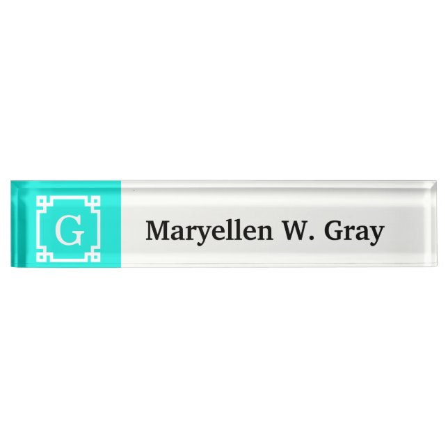 Brt Aqua Wht Greek Key #2 Framed Initial Monogram Name Plate (Front)