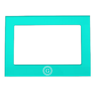 Brt Aqua Wht Greek Key Rnd Frame Initial Monogram