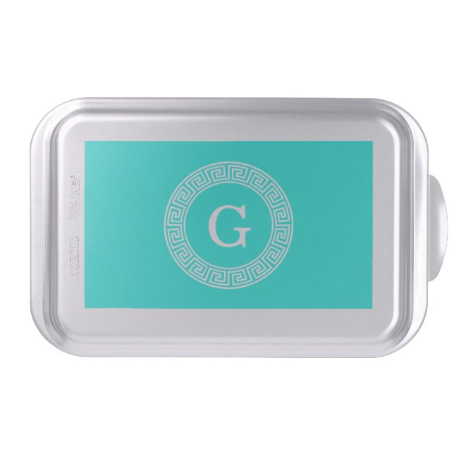 Brt Aqua Wht Greek Key Rnd Frame Initial Monogram Cake Pan (Front)