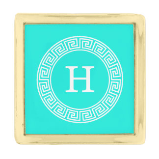 Brt Aqua Wht Greek Key Rnd Frame Initial Monogram Gold Finish Lapel Pin