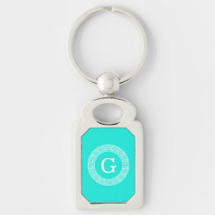 Brt Aqua Wht Greek Key Rnd Frame Initial Monogram Keychain
