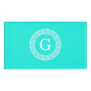 Brt Aqua Wht Greek Key Rnd Frame Initial Monogram Name Tag