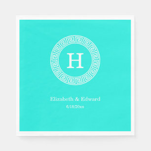 Brt Aqua Wht Greek Key Rnd Frame Initial Monogram Paper Napkins