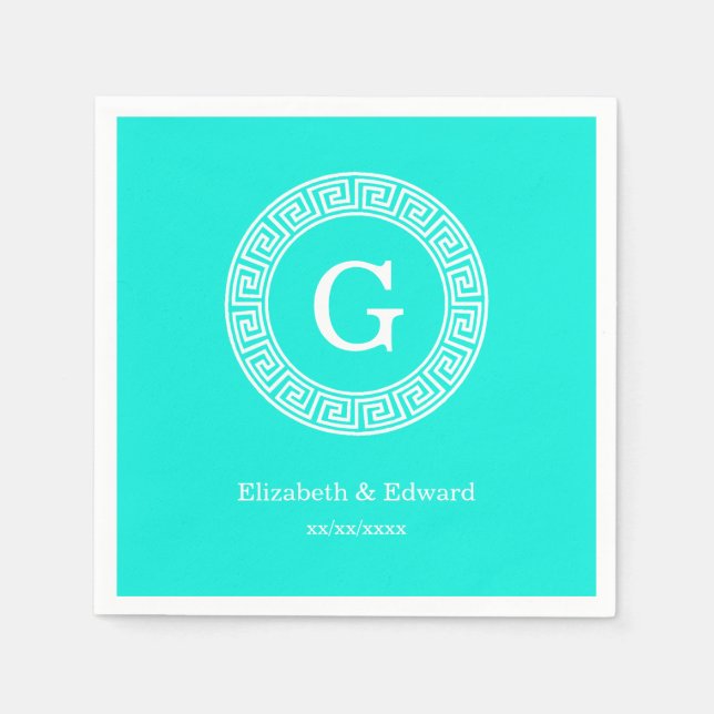 Brt Aqua Wht Greek Key Rnd Frame Initial Monogram Paper Napkins (Front)