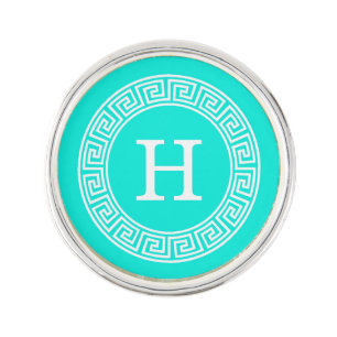 Brt Aqua Wht Greek Key Rnd Frame Initial Monogram Pin